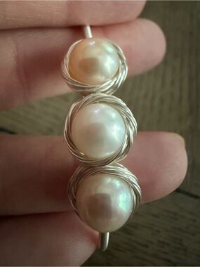 Freshwater Pearl Pink, White, champagne Triple Wire-Wrapped Bangle Bracelet